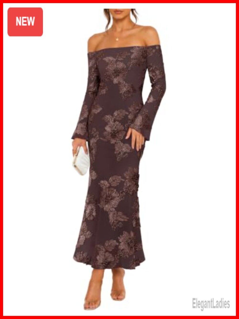 Off Shoulder Long Sleeve Floral Mesh Maxi Dress Formal Wedding Guest